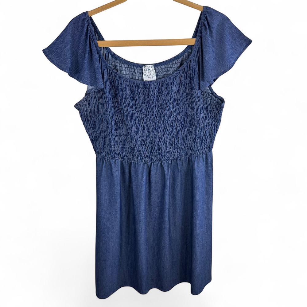 Naif Navy Blue Smocked Flutter Sleeve Mini Dress Womens Size‎ M Boho Scoop Neck